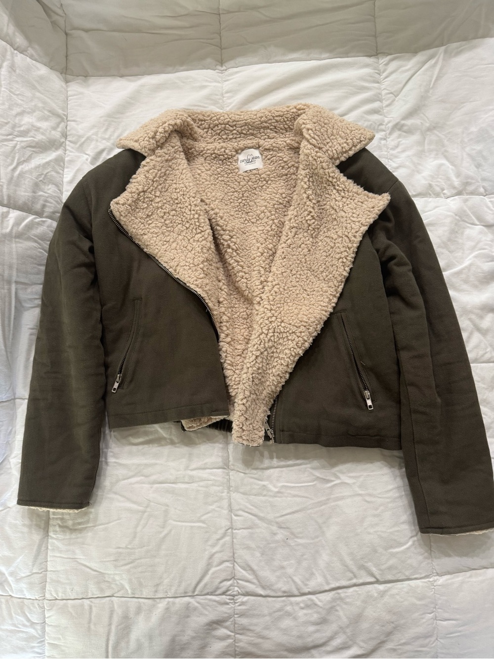Carly Jean Los Angeles Olive Green Jacket with Cream Sherpa Lining